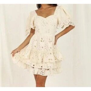 Just Me Beige Cotton Embroidered Short Bell Sleeve Ruffle Tier Mini Dress Size L